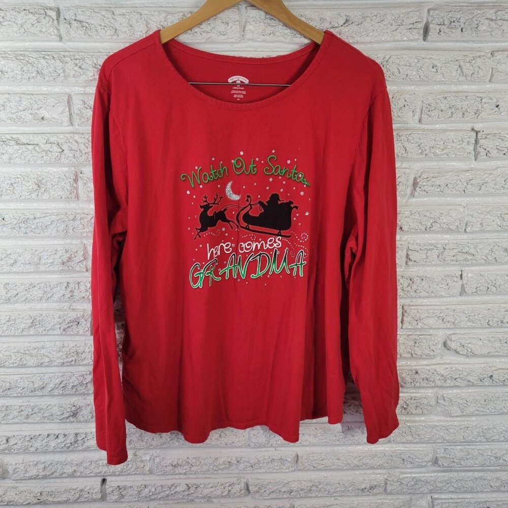 Holiday Time 3X Red Santa Grandma Graphic Tee 100% Cotton Glitter Christ NOV96XE
